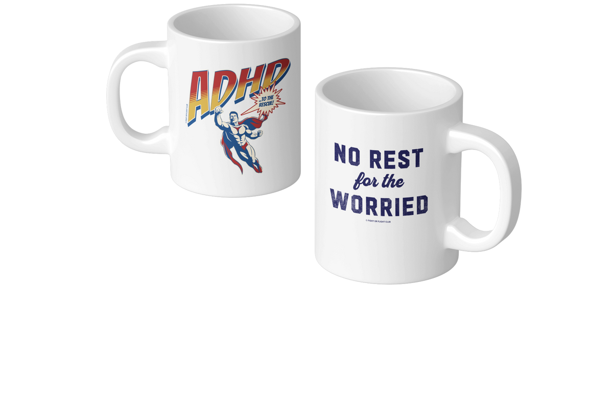 Two white coffee cups. One with ADHD to the Rescue and one with no rest for the worried.